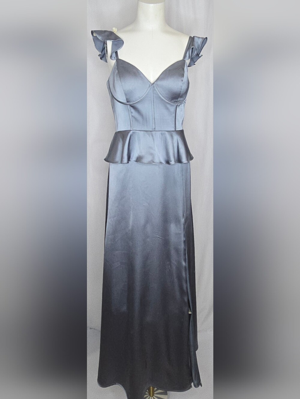 Revelry Silver Satin Bridesmaid Wedding Guest Peplum Corset Dress Size 6‎